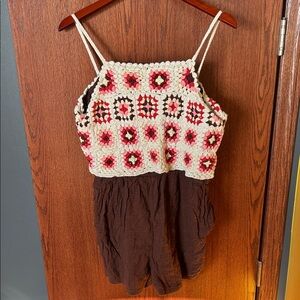 Lucky Brand Crochet-Trim Romper in Cream, Pink & Brown